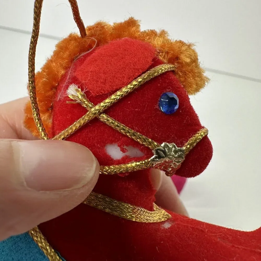 2 Vtg Rocking Horse Flocked Christmas Ornaments Kitschy Red Pink Pipe Cleaner 4